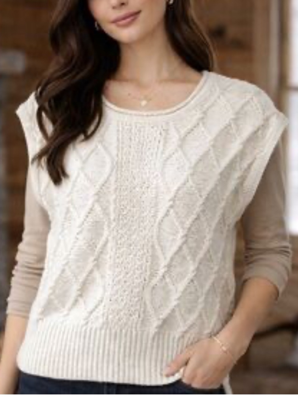Rachel Zoe Cream Cable Knit Sleeveless Crewneck Sweater Vest